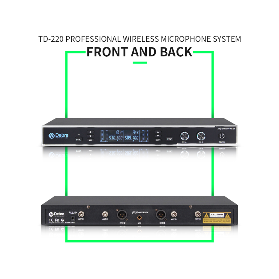 TD-220 Professional True Diversity Wireless Microphone System（2Headset 2lavalier Mic）