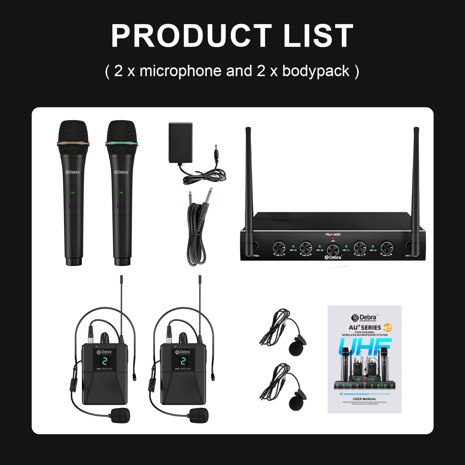 2handheld, 2lavalier 2headset microphones