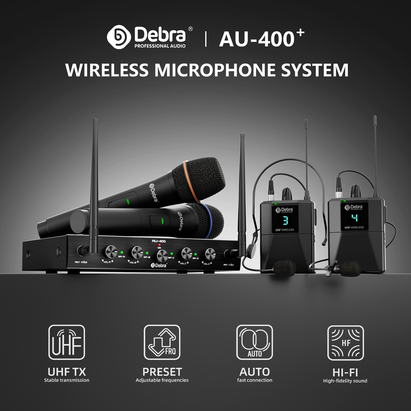 AU-400+ UHF Wireless Microphone System (Handheld/Lavalier/Headset)