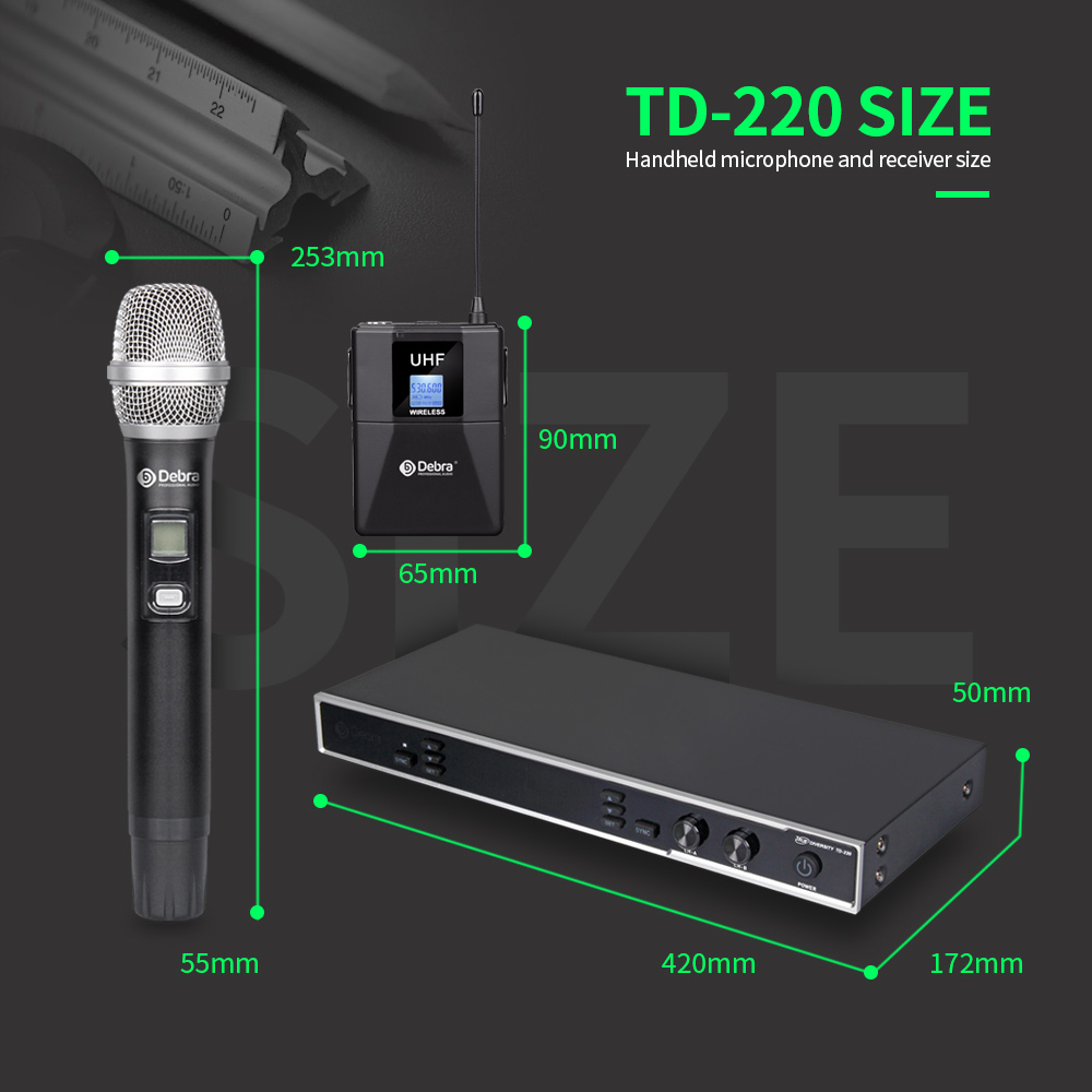 TD-220 Professional True Diversity Wireless Microphone System（2Headset 2lavalier Mic）