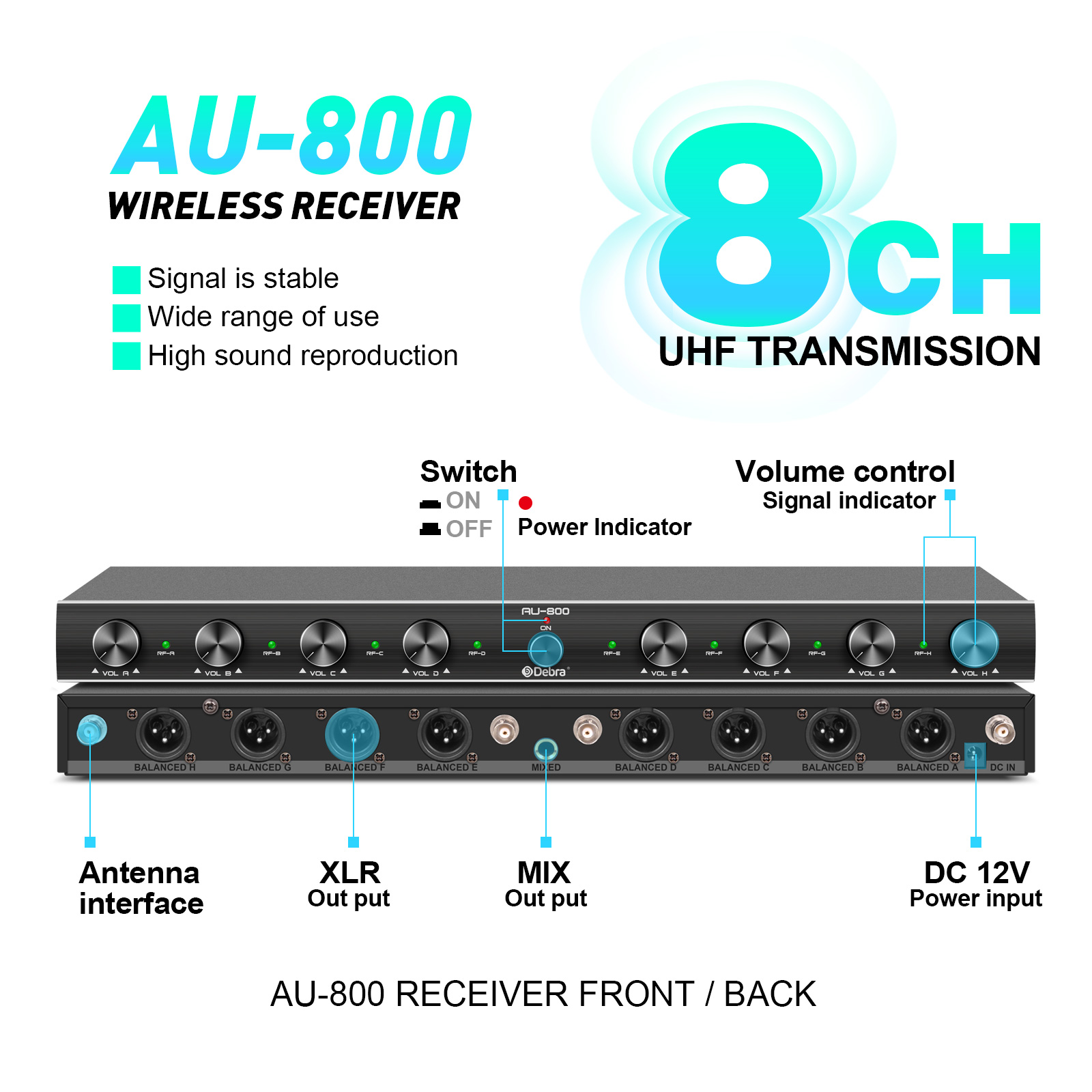 AU-800 UHF 8Channel Wireless Microphone System
