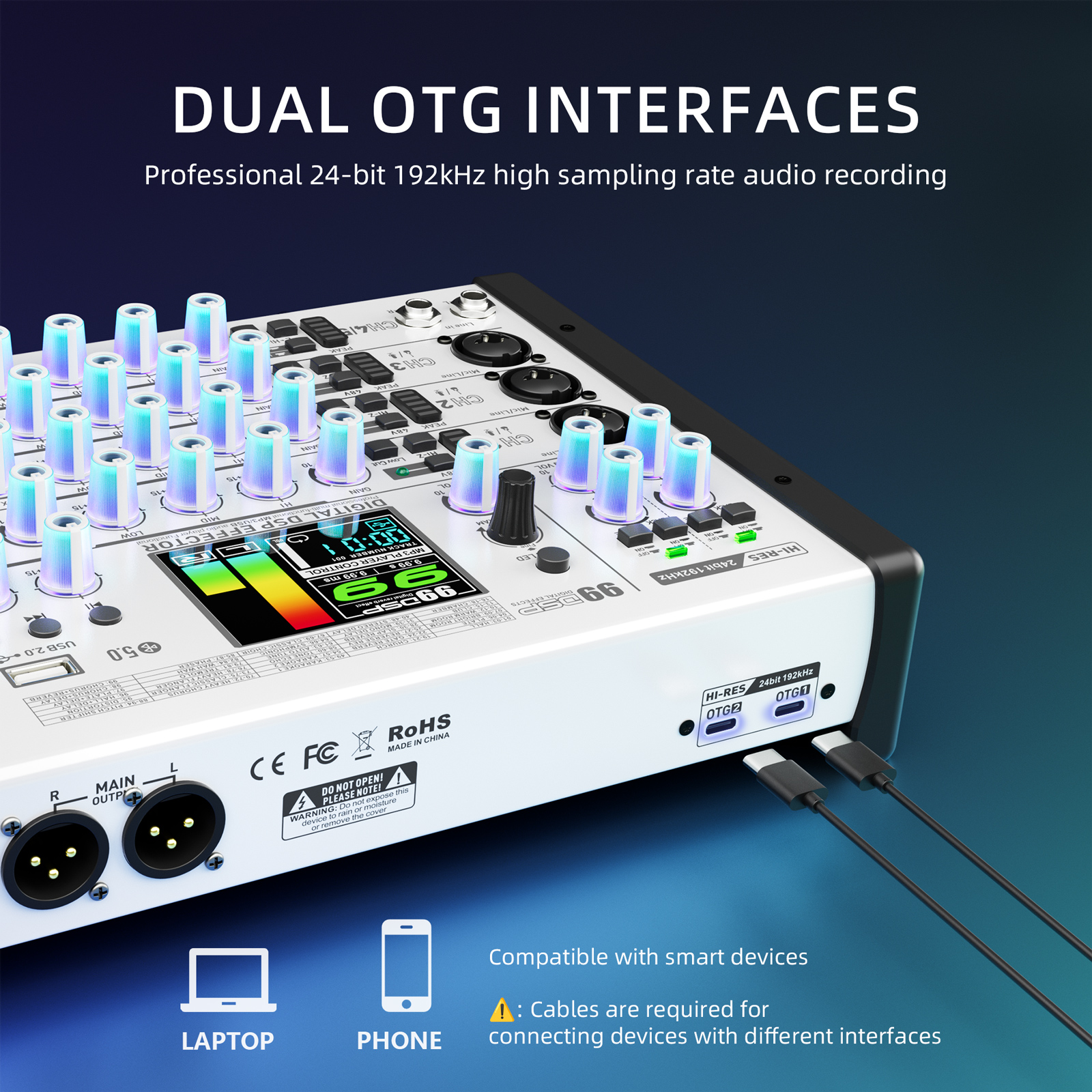 DI5X Audio Mixer & Sound Card &ndash; Dual OTG, 99 DSP Effects, HD TFT Display, 24-bit/192kHz