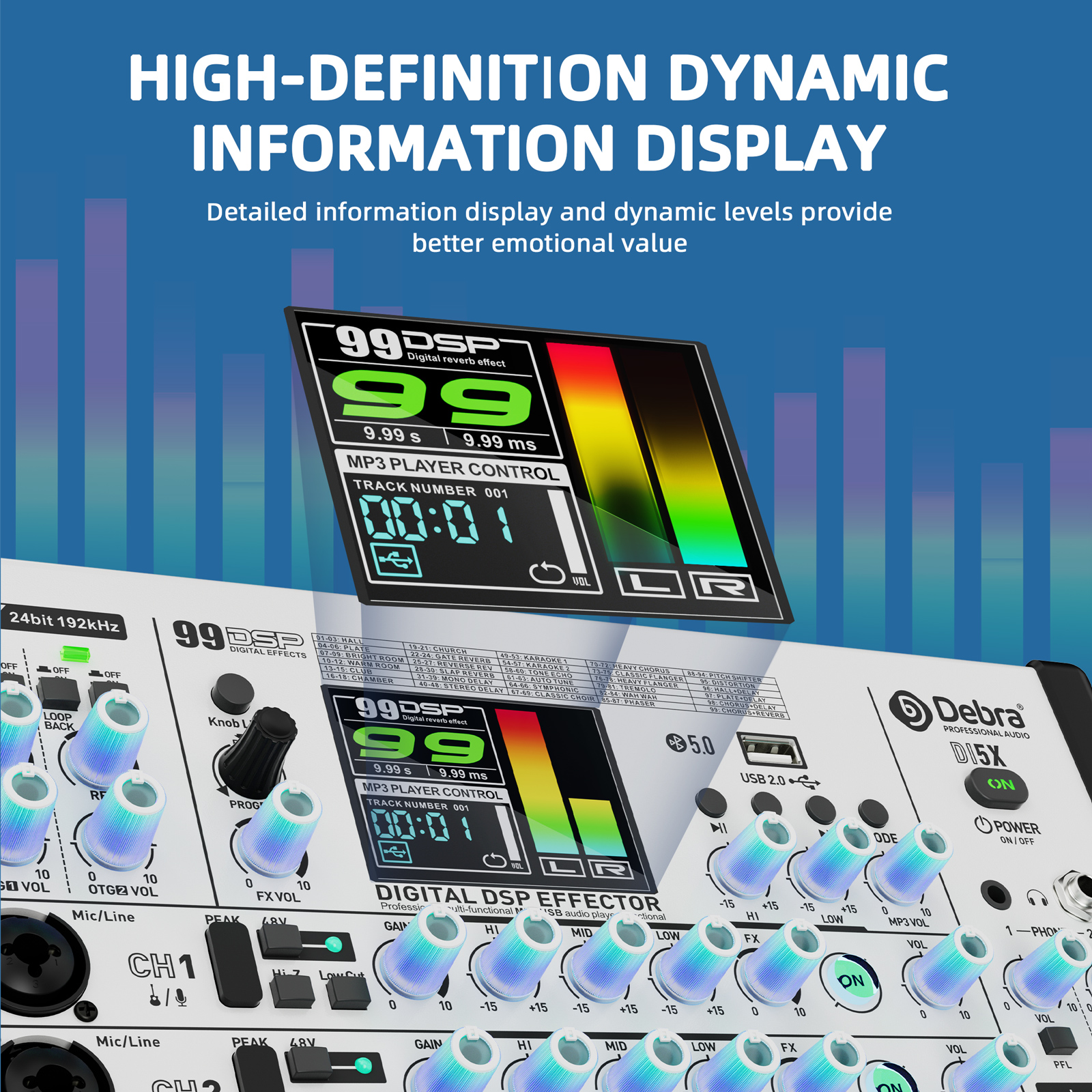 DI5X Audio Mixer & Sound Card &ndash; Dual OTG, 99 DSP Effects, HD TFT Display, 24-bit/192kHz